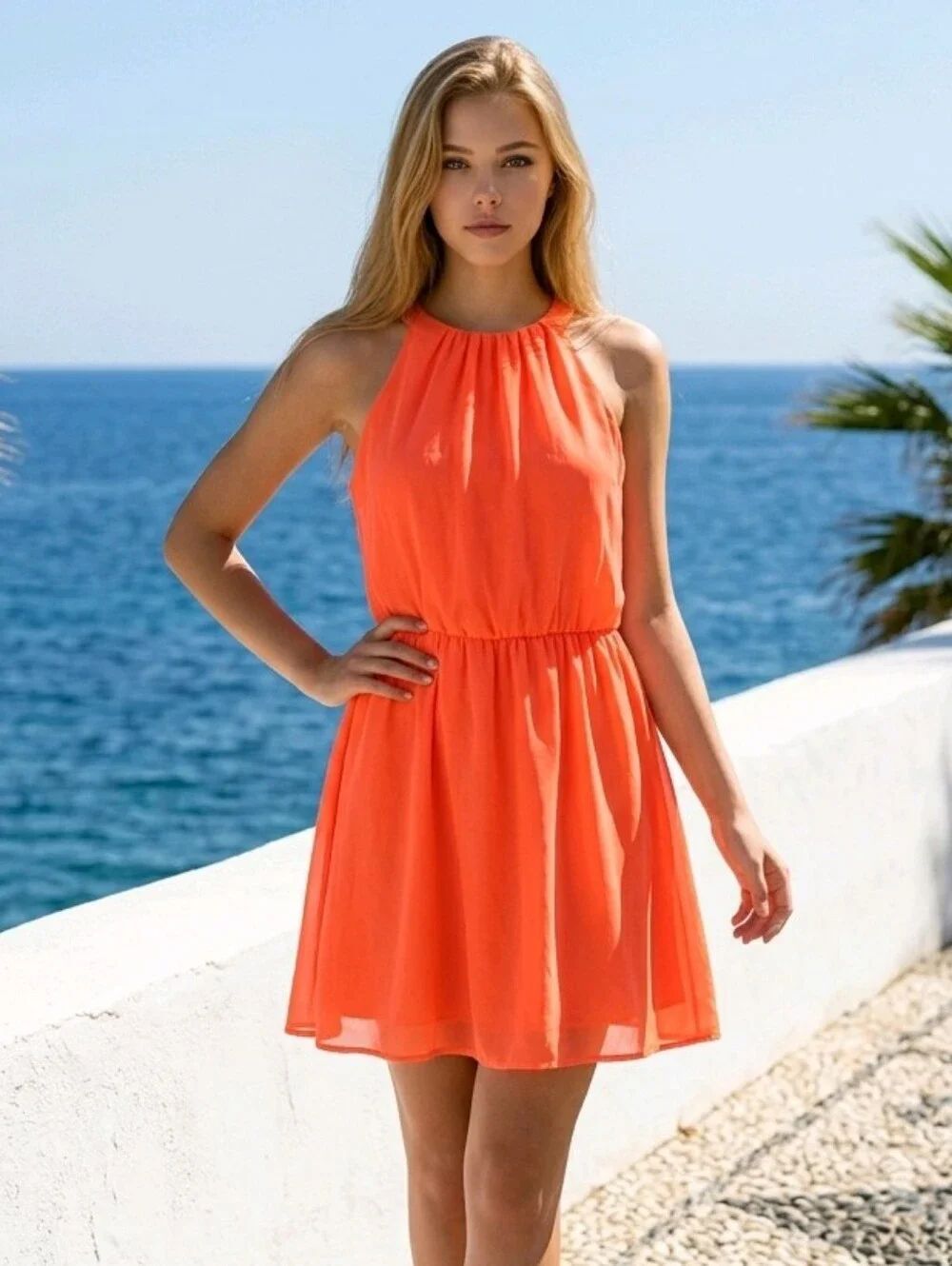 Gianni Bini Neon Orange Chiffon Mini Dress Keyhole Back Y2K Party XS Glam